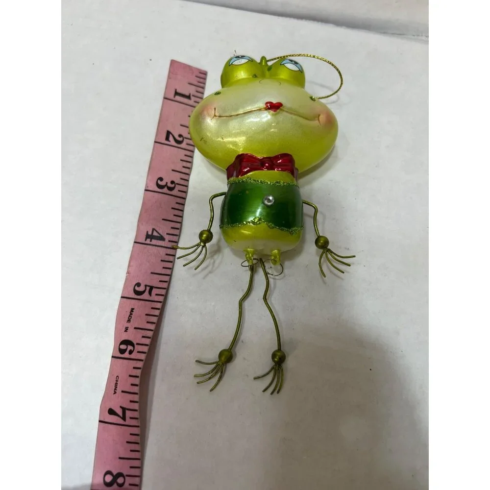 Pier 1 blown glass green lights Frog Hanging Figurine Ornament With Red Bow Tie